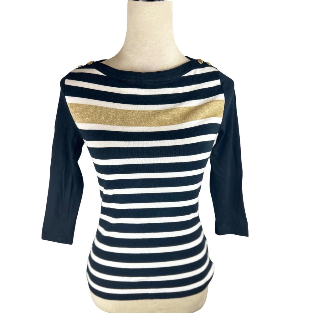 Lauren Ralph Lauren Black & White Striped Gold Metallic Button Shoulder Top S